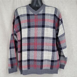 Nautica Vintage Wool V-Neck Navy Gray Red Windowpane Plaid Sweater Men's Large